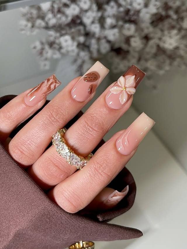 11. Mocha Brown Floral Square Nails - square nail ideas