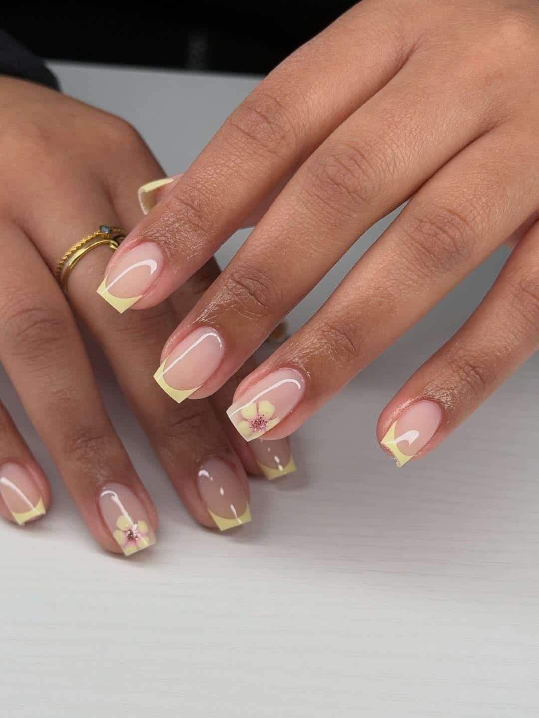 12. Butter Yellow Square French Tip Nails - square nail ideas