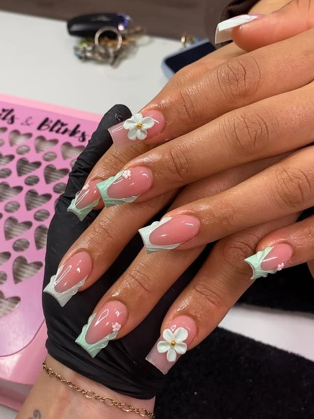 13. Mint Green 3D Flower Square Nails - square nail ideas