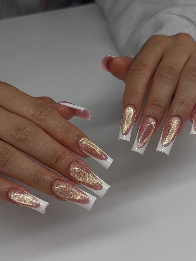 14. Rose Gold Chrome Square French Nails - square nail ideas