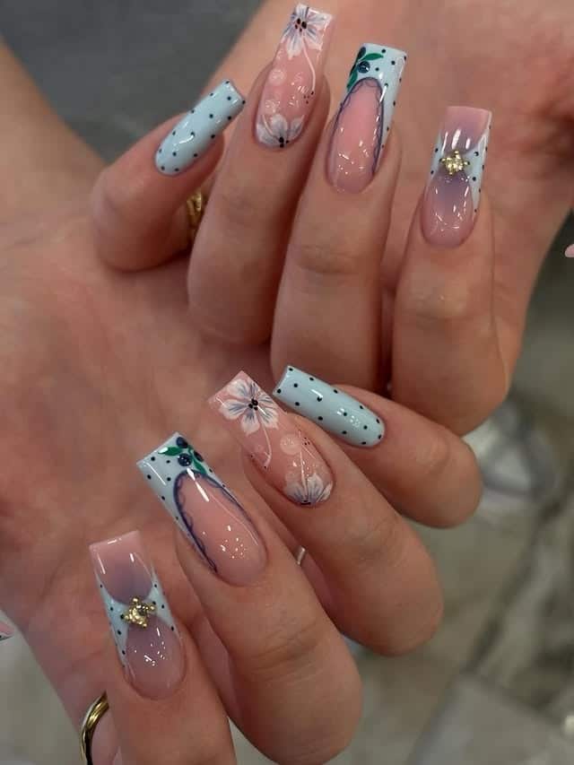 17. Baby Blue Floral Square Nails - square nail ideas