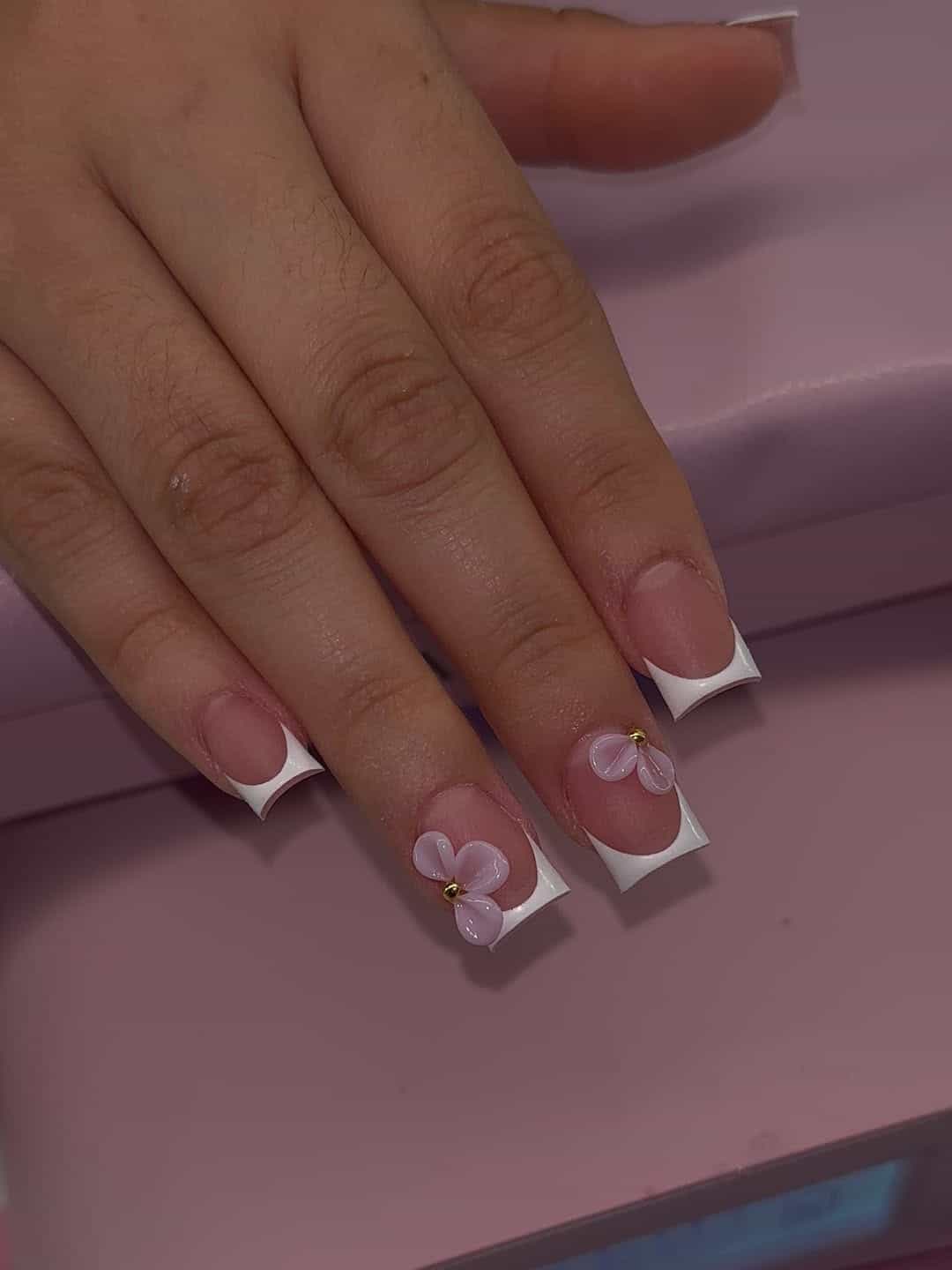 18. White French Tip Square Nails with 3D Bows - square nail ideas