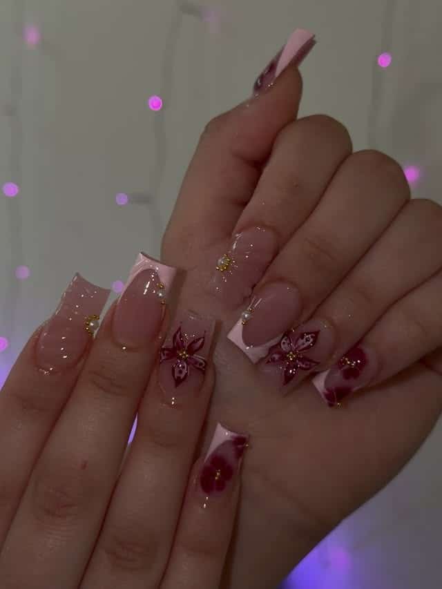 19. Burgundy Floral Square Nails - square nail ideas