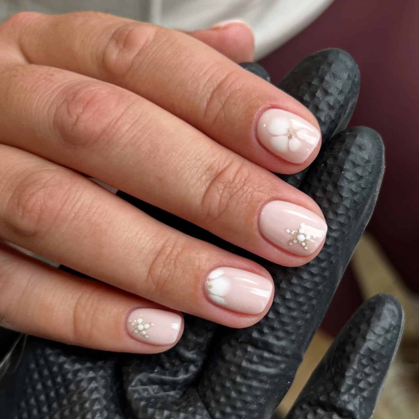20. Milky White Floral Short Square Nails - square nail ideas