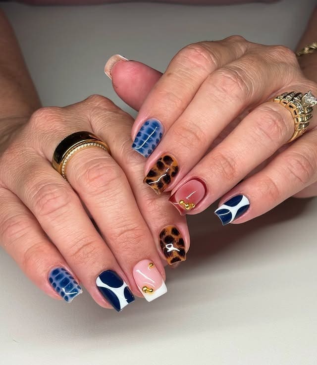 21. Navy Blue and Tortoiseshell Square Nails - square nail ideas