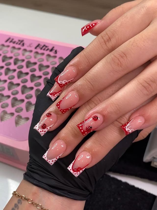 22. Red Polka Dot French Tip Square Nails - square nail ideas