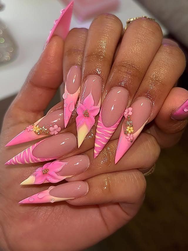 2. Pink Floral 3D Stiletto Nails - stiletto nail ideas