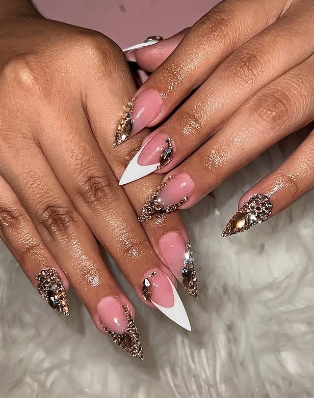 4. White French Glam Crystal Stiletto Nails - stiletto nail ideas