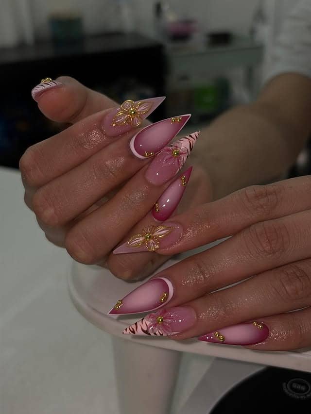 5. Soft Pink Floral Gold Stiletto Nails - stiletto nail ideas