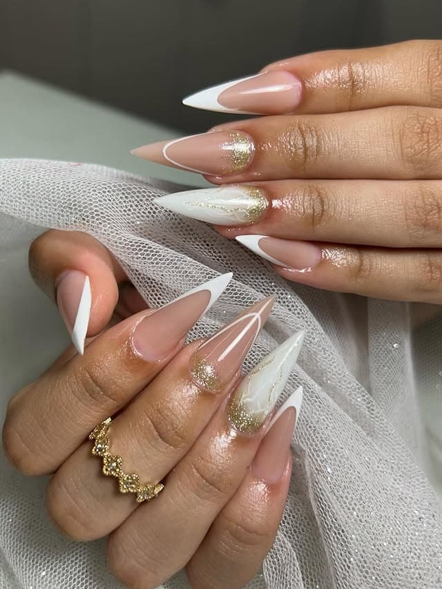 8. White French and Gold Glitter Stiletto Nails - stiletto nail ideas