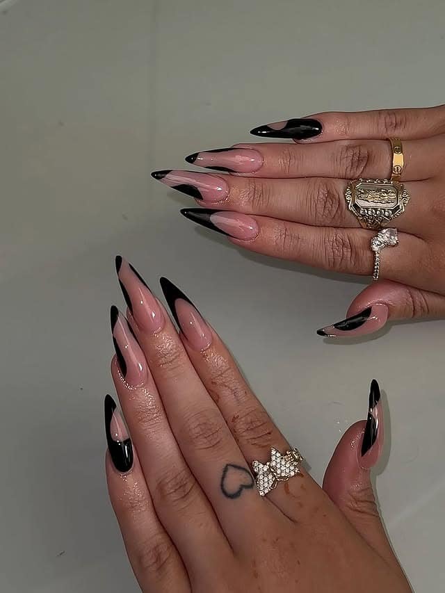 10. Black Abstract French Stiletto Nails - stiletto nail ideas