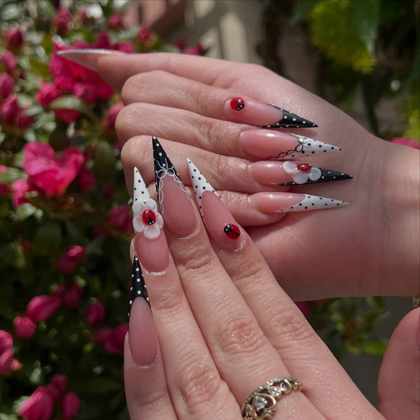 12. Black and White Ladybug Stiletto Nails - stiletto nail ideas