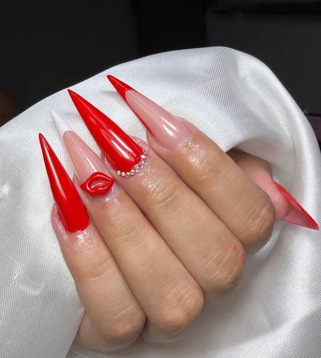 13. Glossy Red Lip Accent Stiletto Nails - stiletto nail ideas