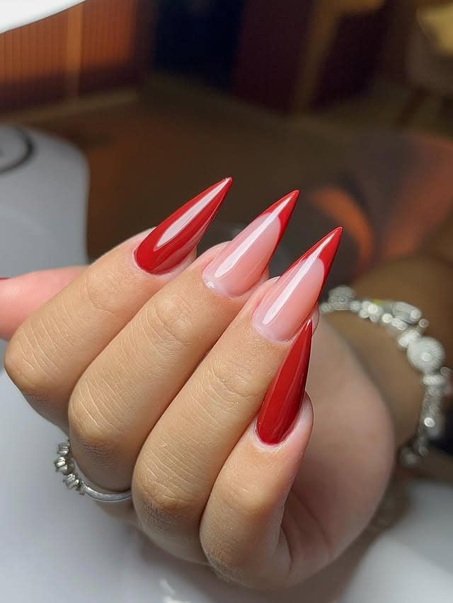 14. Red French Fade Stiletto Nails - stiletto nail ideas