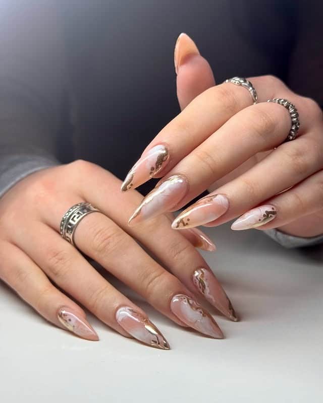 17. Rose Gold Marble Stiletto Nails - stiletto nail ideas