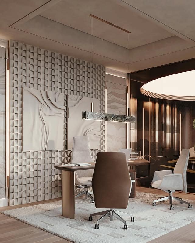 2. Soft Taupe Office with Sculptural Wall Panels - light colors office ideas