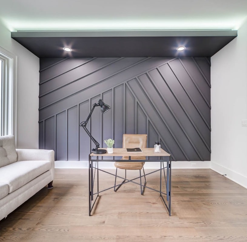 3. Light Gray Home Office with Charcoal Feature Wall - light colors office ideas