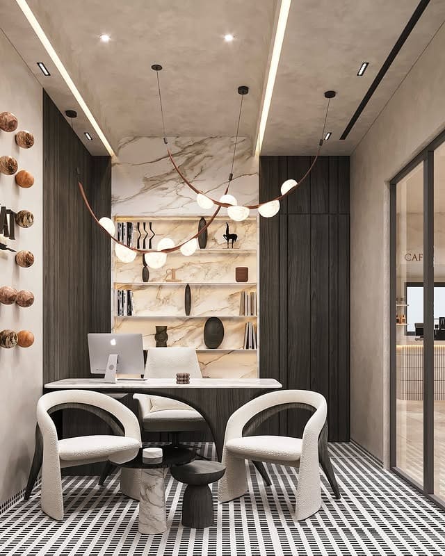 5. Ivory and Walnut Office with Marble Accents - light colors office ideas