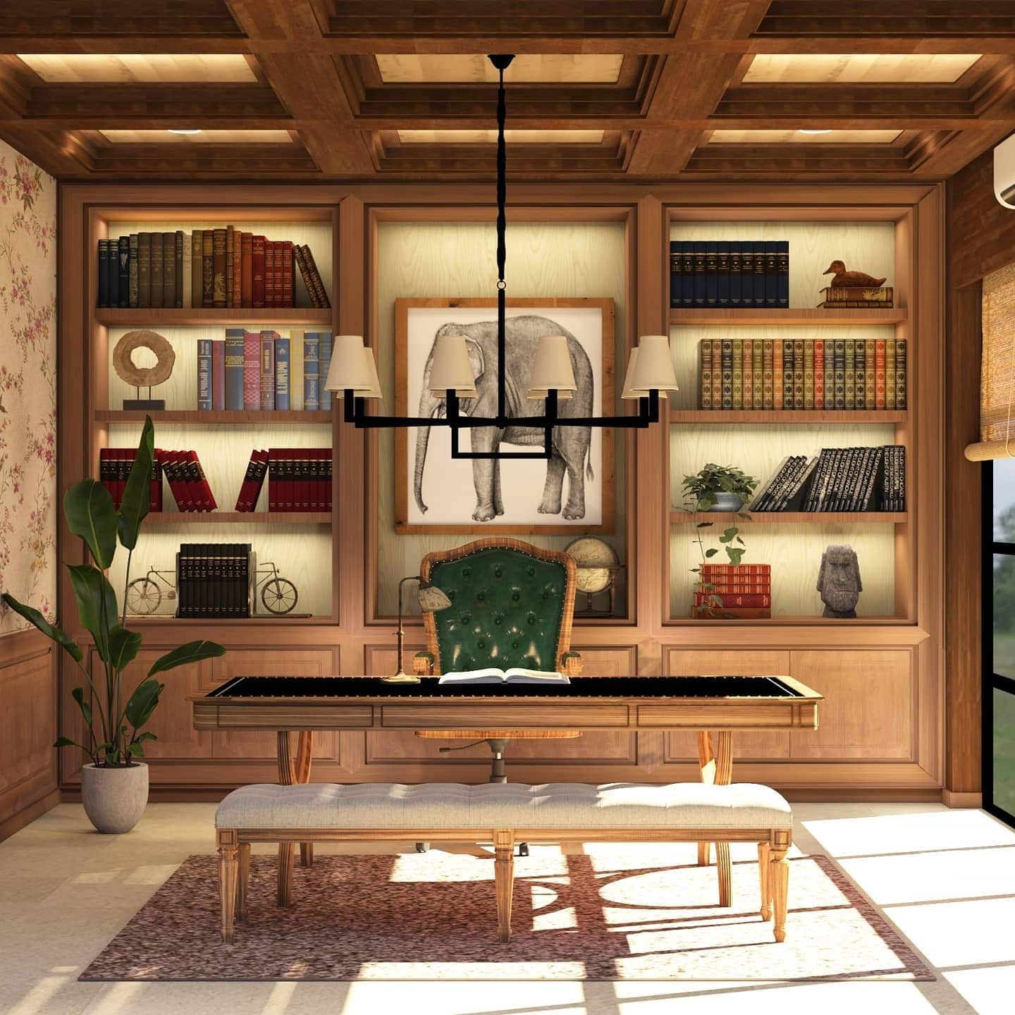 6. Light Oak Traditional Office with Library Shelving - light colors office ideas