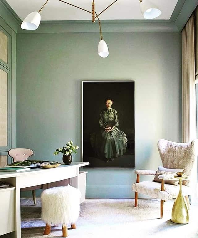 7. Soft Sage Green Office with Classic Details - light colors office ideas