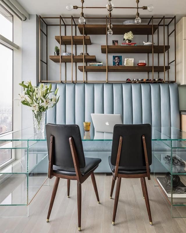 10. Powder Blue Office Nook with Floating Shelves - light colors office ideas