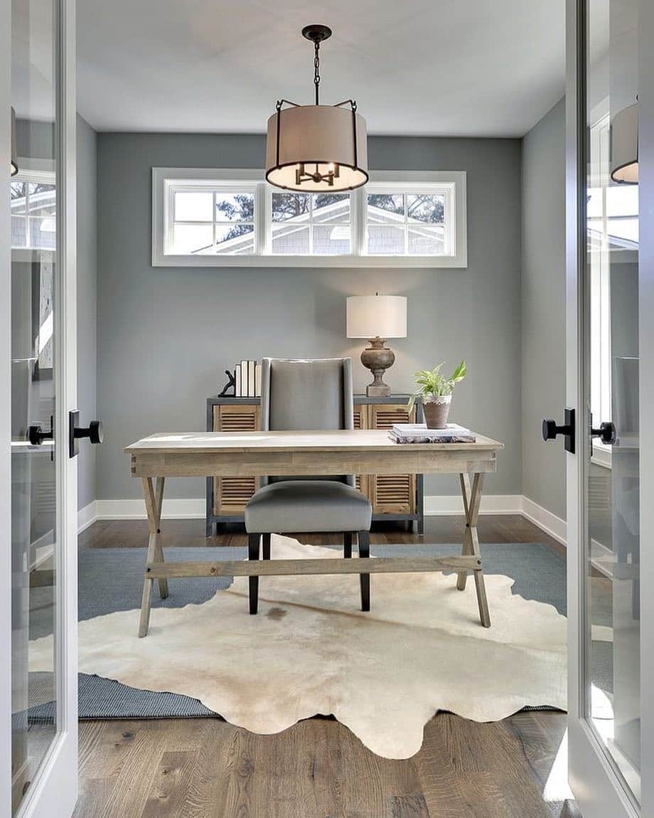 11. Soft Gray Home Office with Natural Wood Accents - light colors office ideas