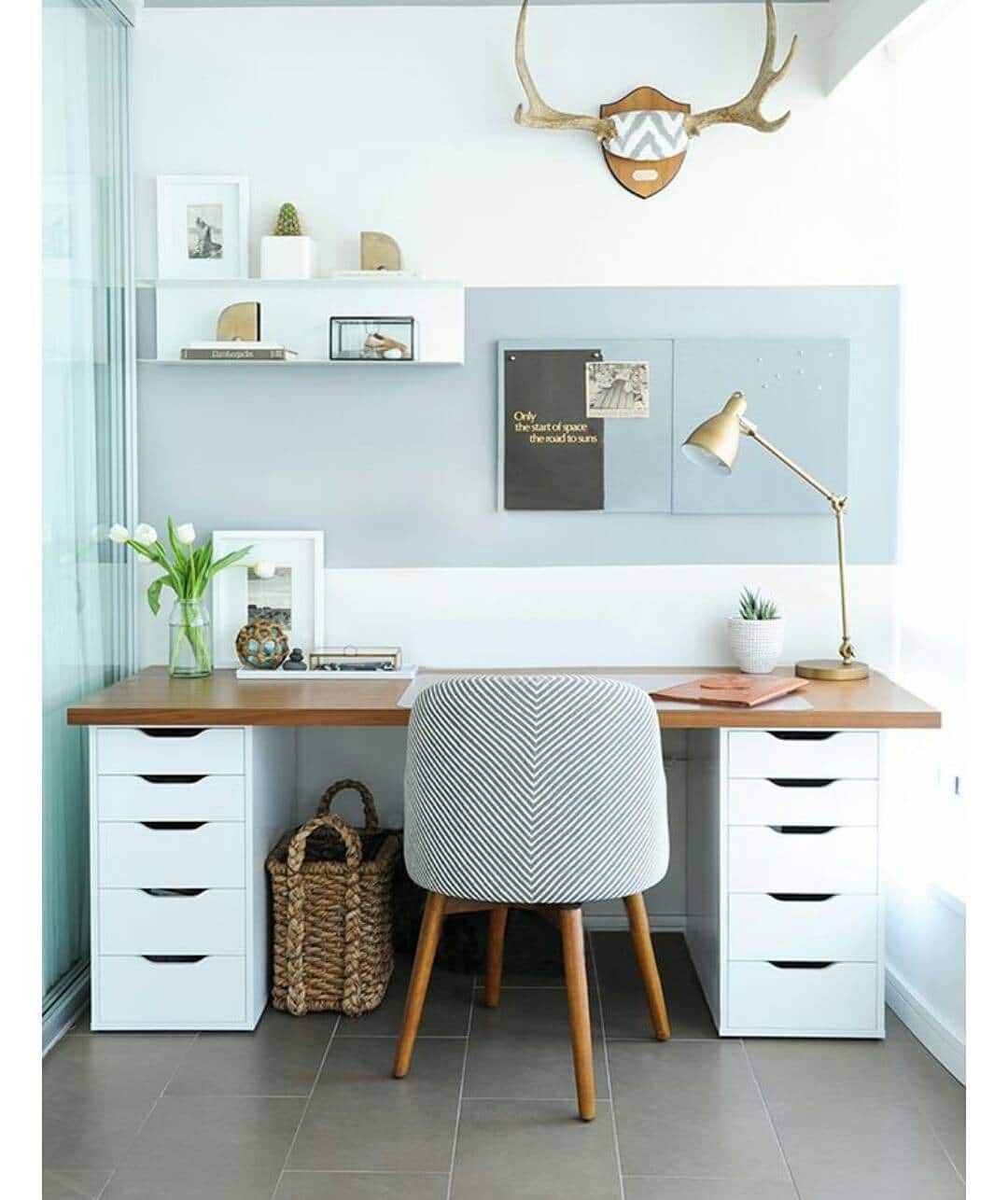 17. Light Blue and White Compact Office Nook - light colors office ideas