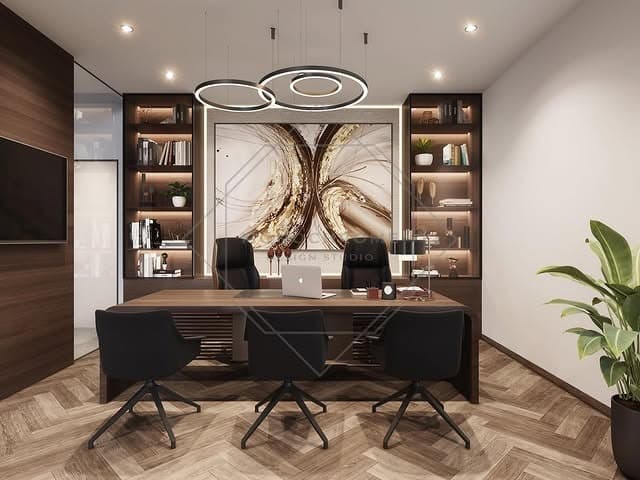 18. Warm White Executive Office with Walnut Built-Ins - light colors office ideas