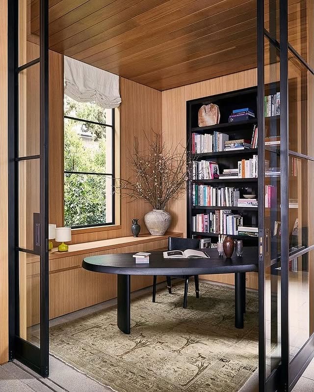 19. Light Oak Library Office with Black-Framed Glass Walls - light colors office ideas