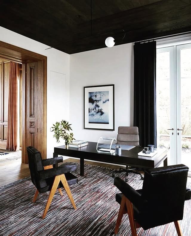20. White Office with Dark Ceiling Contrast - light colors office ideas