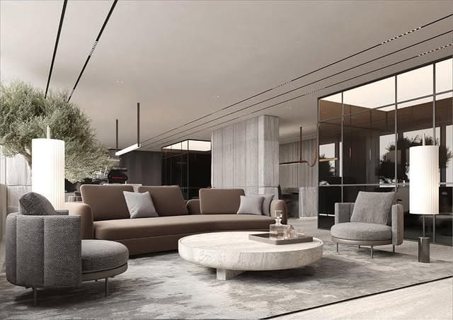 21. Light Greige Executive Office with Contemporary Lounge Design - light colors office ideas