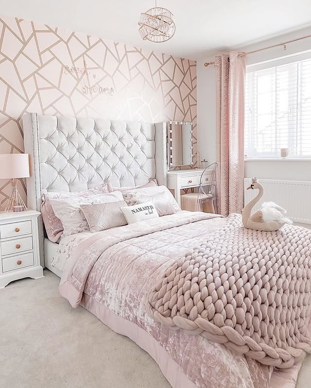 3. Blush Pink Glam Girls Bedroom with Tufted Headboard - girls bedroom ideas