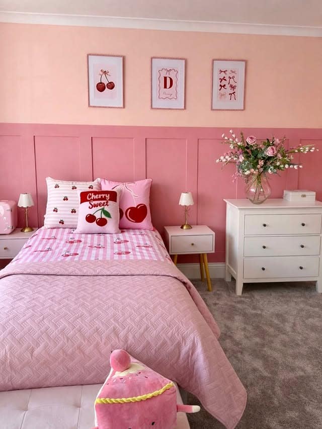 4. Cherry-Themed Pink Girls Bedroom Decor - girls bedroom ideas