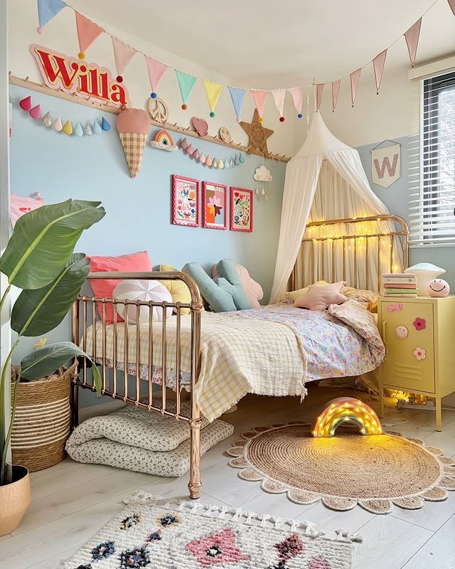 5. Pastel Rainbow Girls Bedroom with Canopy Bed - girls bedroom ideas