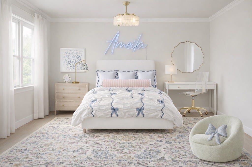 9. Blue and White Girls Bedroom with Bow Bedding - girls bedroom ideas