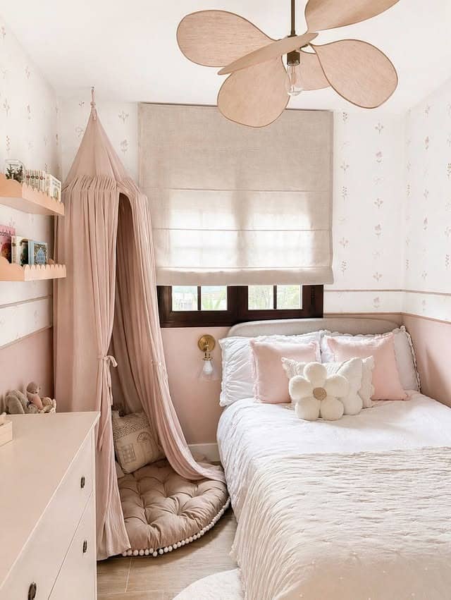 11. Blush Pink Girls Bedroom with Reading Canopy Corner - girls bedroom ideas