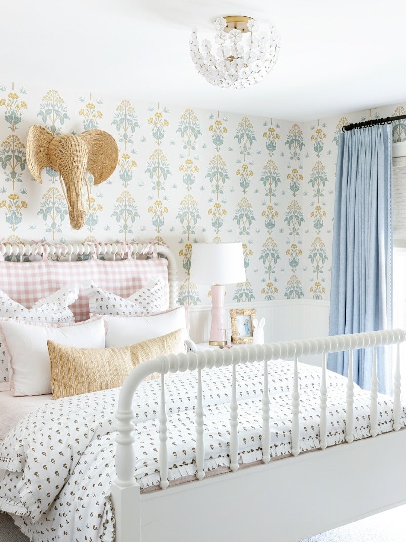 12. Blue and Pink Cottage Girls Bedroom with Botanical Wallpaper - girls bedroom ideas