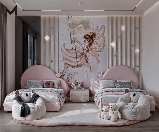 13. Fairy-Inspired Pink Shared Girls Bedroom with Mural Wall - girls bedroom ideas