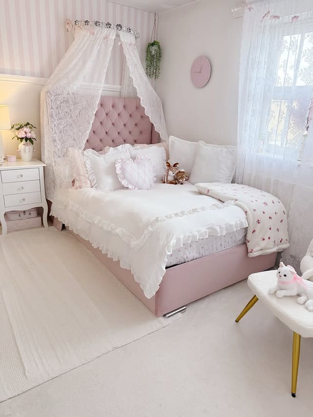 14. Romantic Pink Girls Bedroom with Lace Canopy Bed - girls bedroom ideas