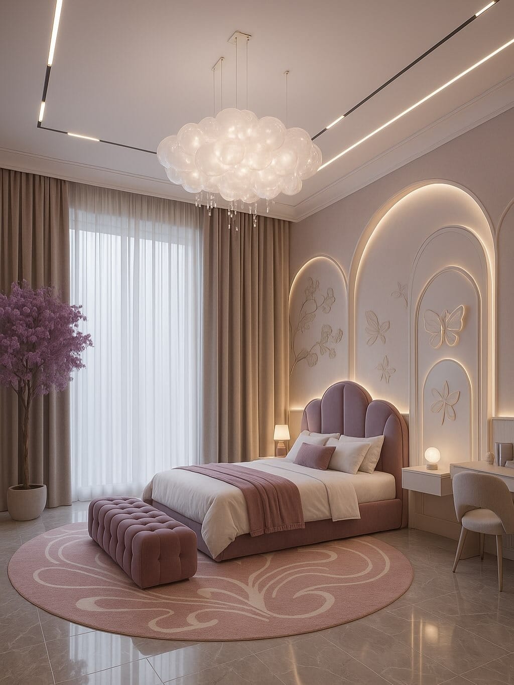 15. Modern Lavender and Blush Girls Bedroom with Butterfly Wall Design - girls bedroom ideas