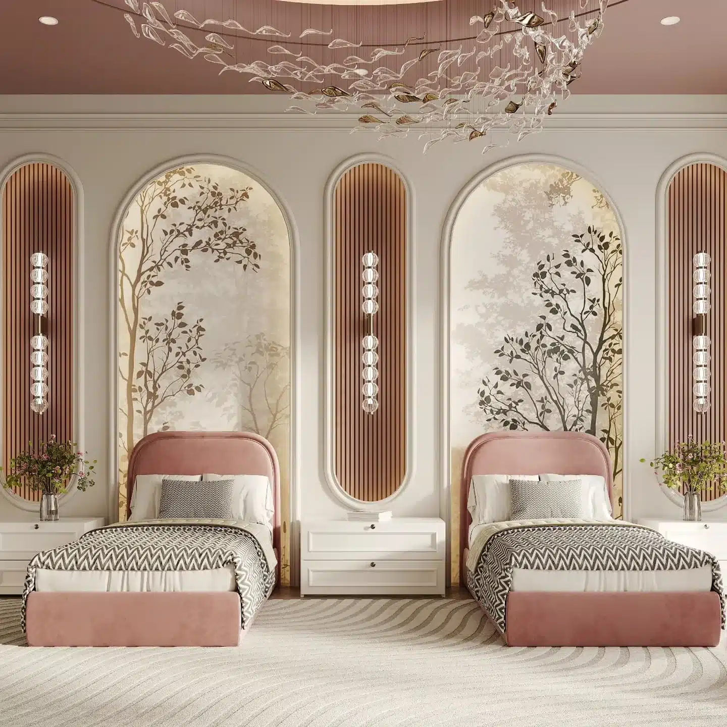 16. Blush Pink Twin Girls Bedroom with Arched Wall Panels - girls bedroom ideas