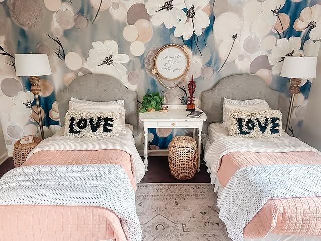 19. Blue Floral Shared Girls Bedroom with Upholstered Twin Beds - girls bedroom ideas