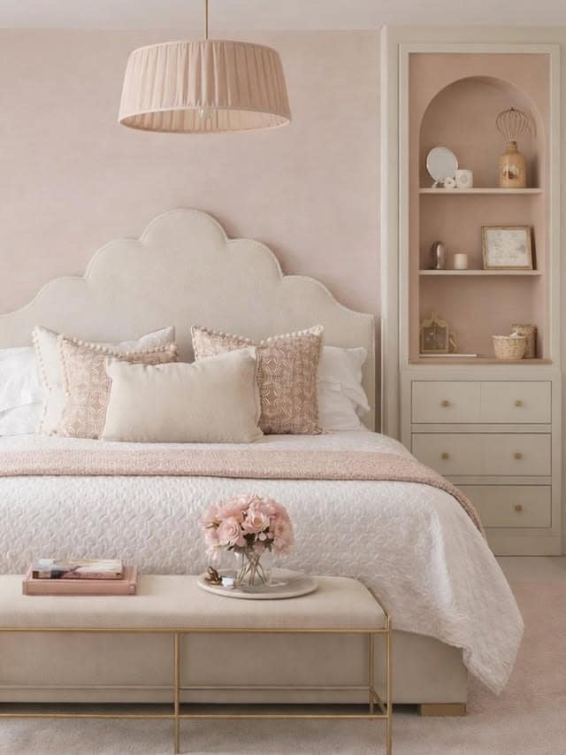 21. Soft Blush Girls Bedroom with Scalloped Headboard - girls bedroom ideas