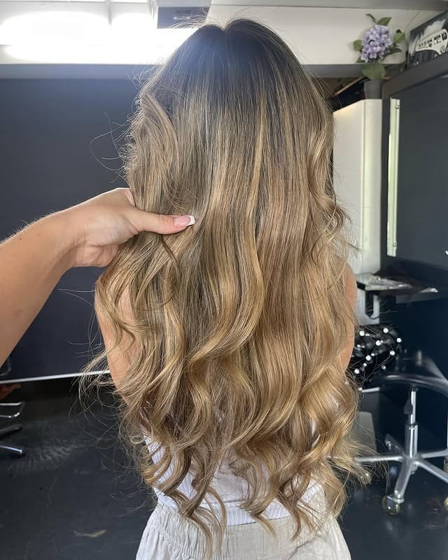 14. Long Caramel Honey Blonde Root Melt Waves - Caramel Honey Blonde