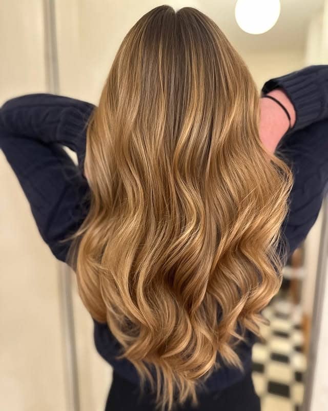 19. Golden Caramel Honey Blonde Balayage Waves - Caramel Honey Blonde