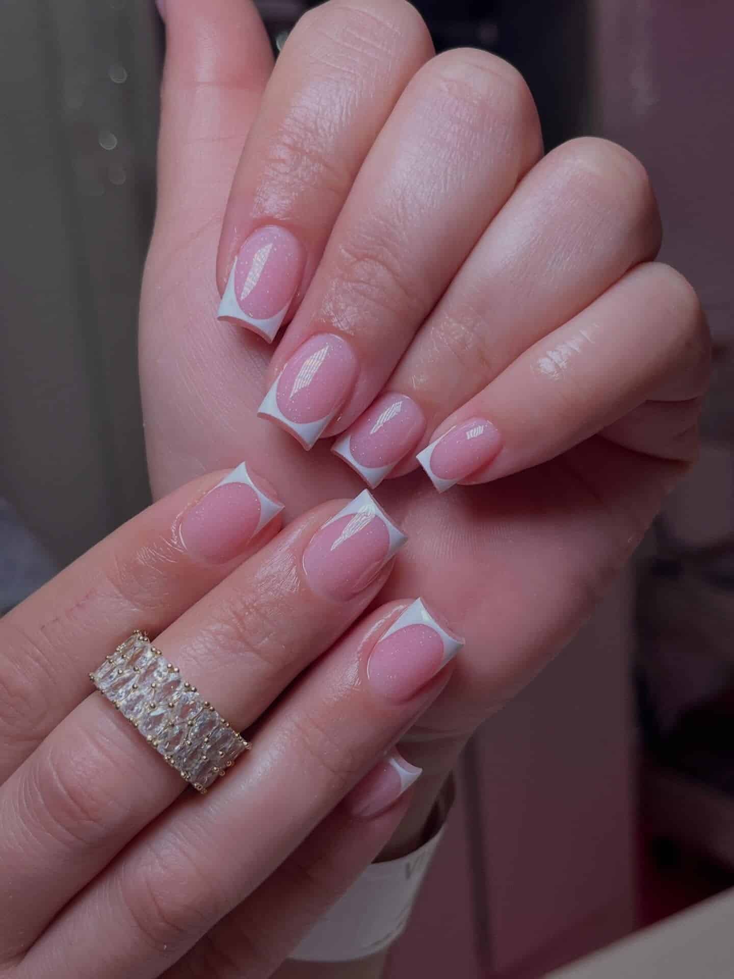 1. Pink Glitter White Tip Square Nails - white tip nail ideas
