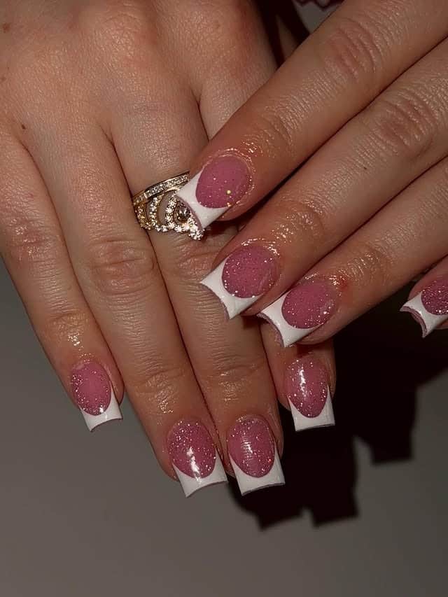 4. Rose Pink Glitter White Tip Nails - white tip nail ideas