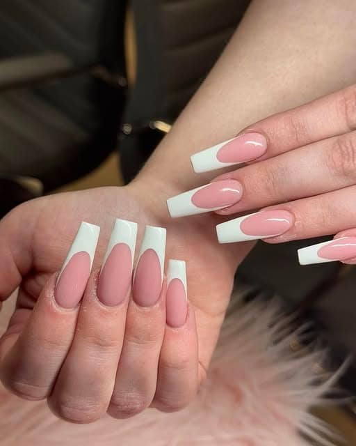 5. Nude Pink Deep White Tip Coffin Nails - white tip nail ideas