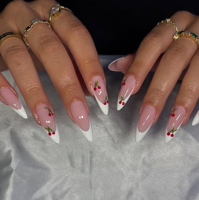 12. Cherry Accent White French Almond Nails - white tip nail ideas