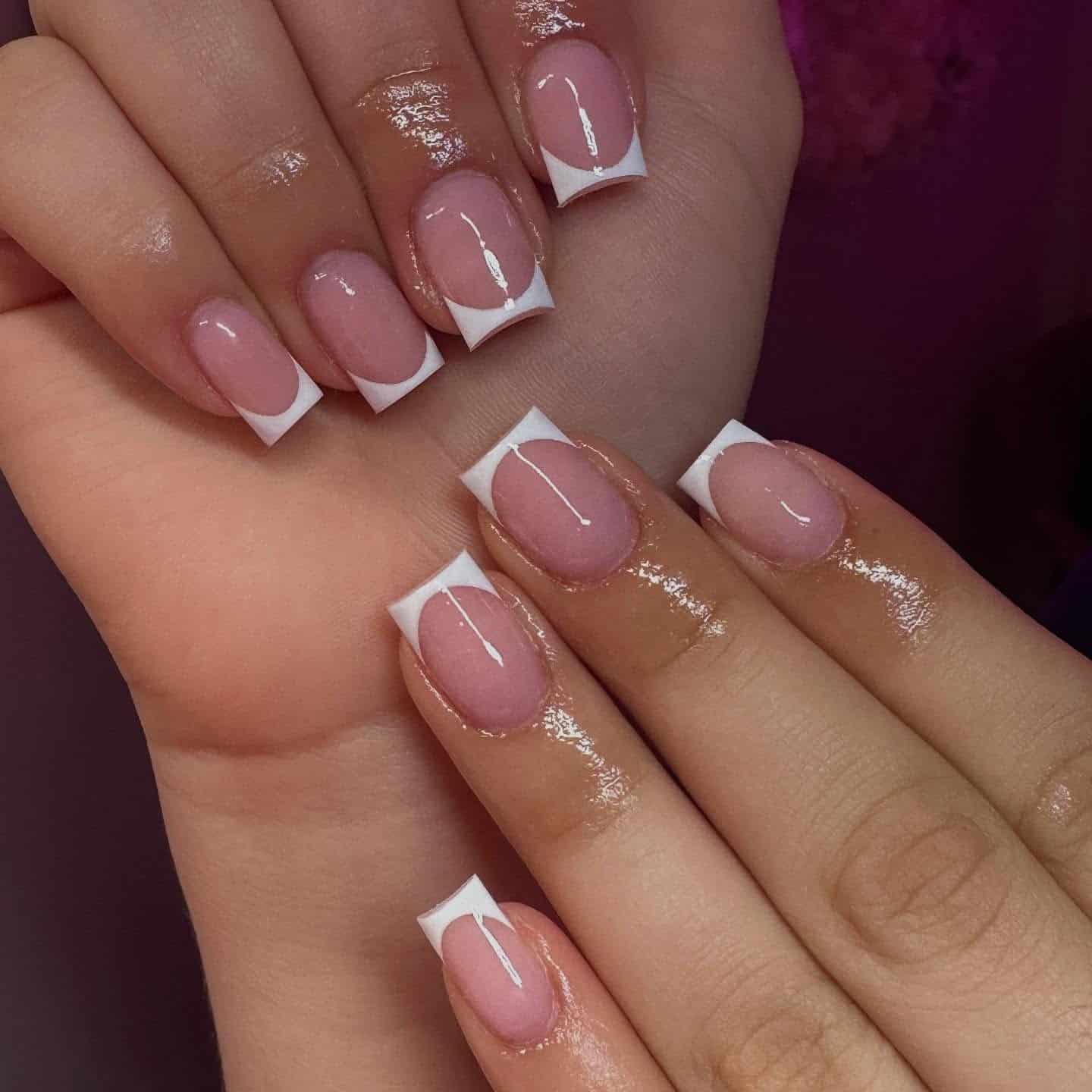 13. Soft Pink Curved White Tip Square Nails - white tip nail ideas